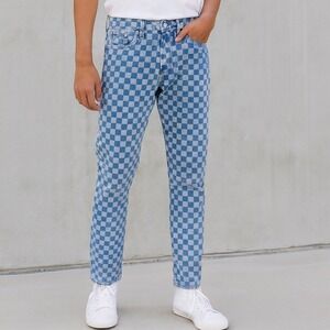PacSun Blue Checkerboard Slim‎ Taper Denim Jeans Men's 30x32 Comfort Stretch